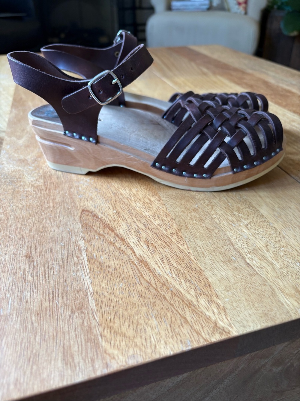 Troentorp Anna nubuck Women's Brown Woven Leather Sandals with Ankle Strap - Picture 3 of 6